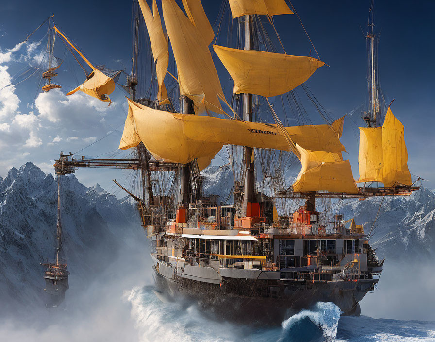 Sailing ship with yellow sails in stormy sea by snow-capped mountains