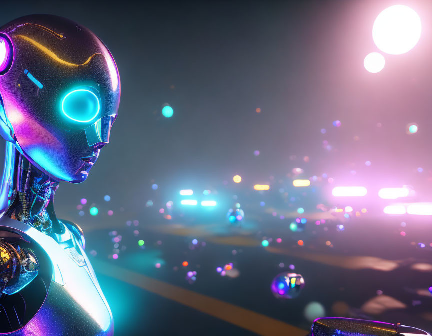 Futuristic robot with sleek design and glowing elements in vibrant city lights