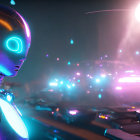 Futuristic robot with sleek design and glowing elements in vibrant city lights