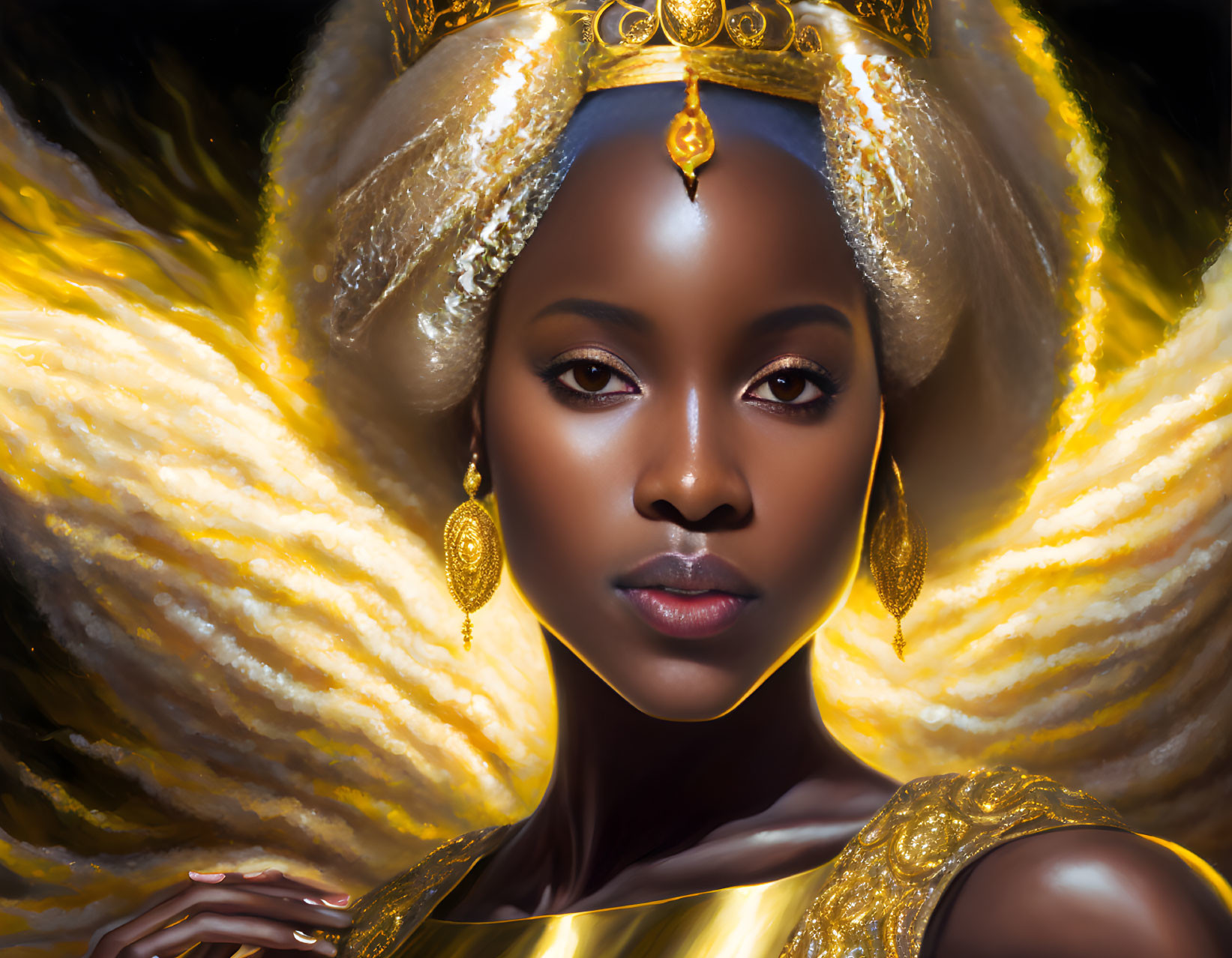 Portrait of a woman with golden jewelry and radiant halo-effect exudes elegance.