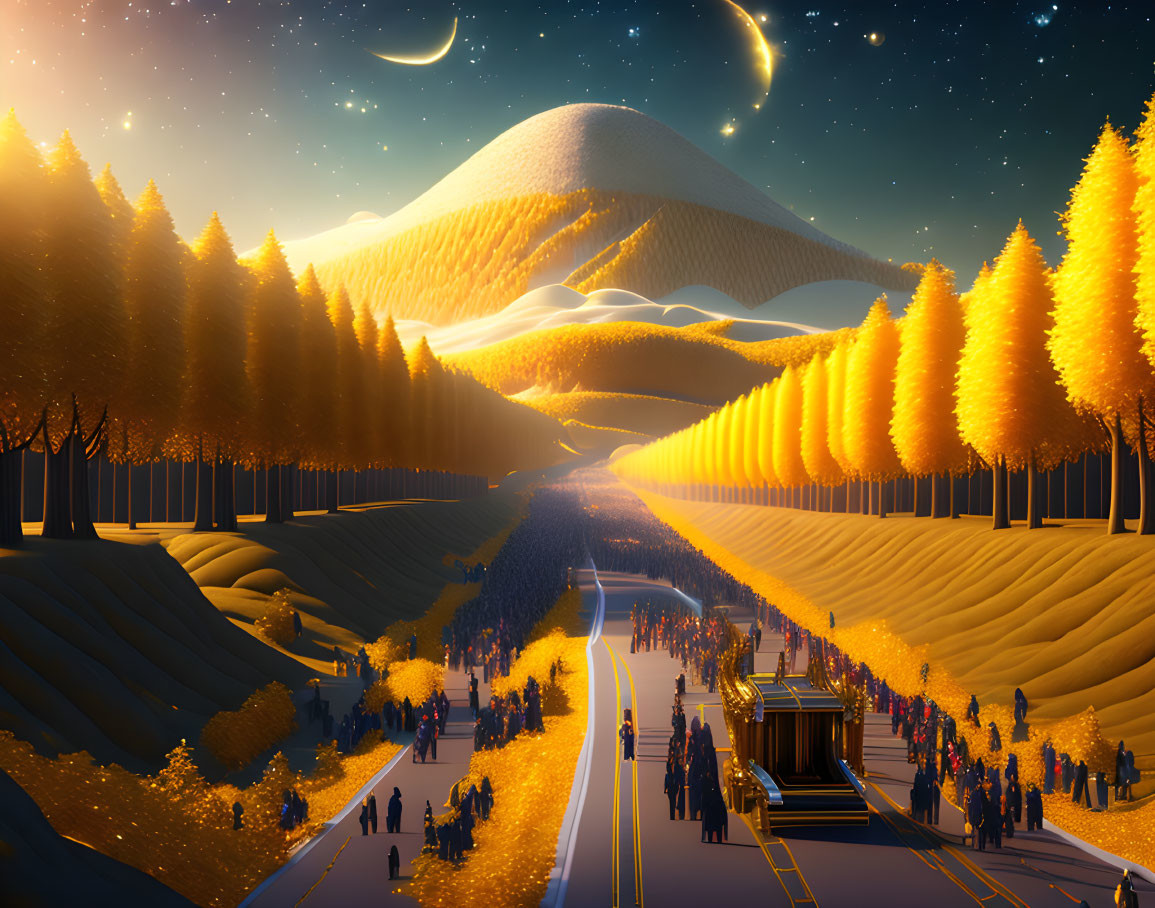 Autumn road with golden trees, moonlit mountain in fantastical scene