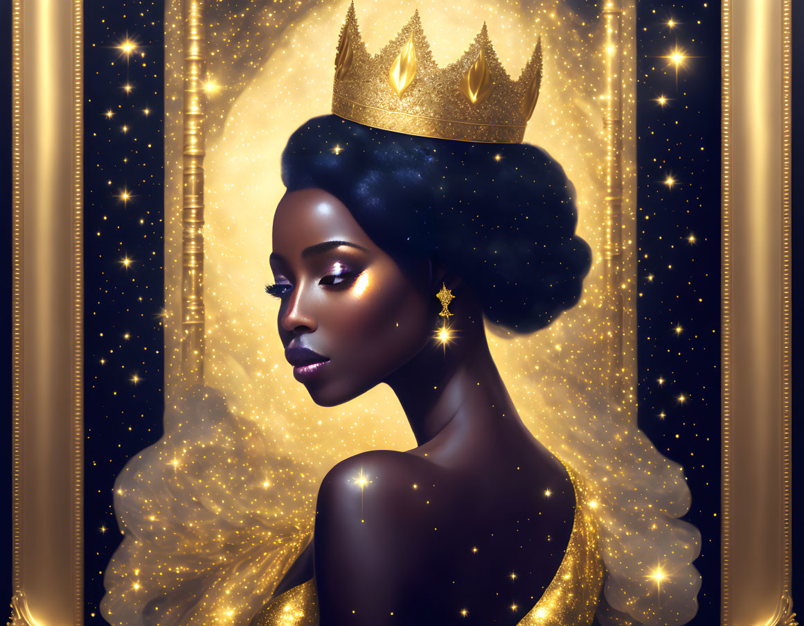 Dark-skinned woman in golden attire and crown against starry backdrop