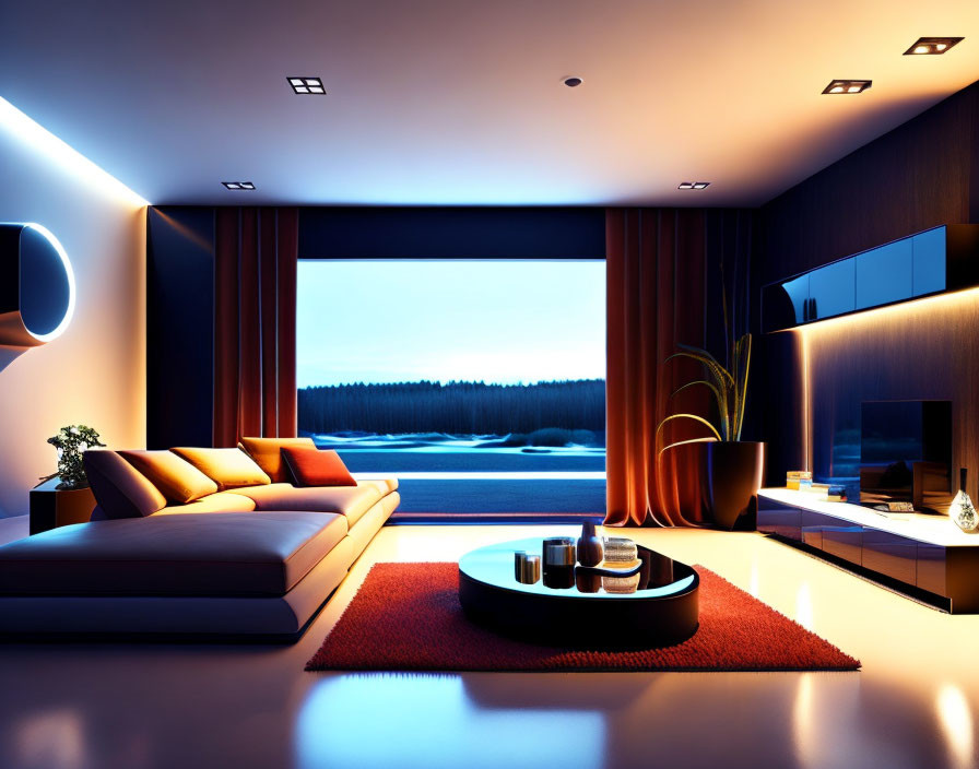 Contemporary living room with forest view and warm lighting