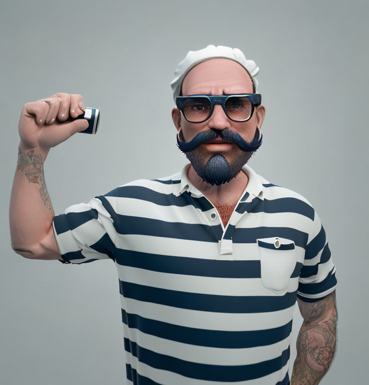 Muscular 3D character in chef attire with tattoos and mustache