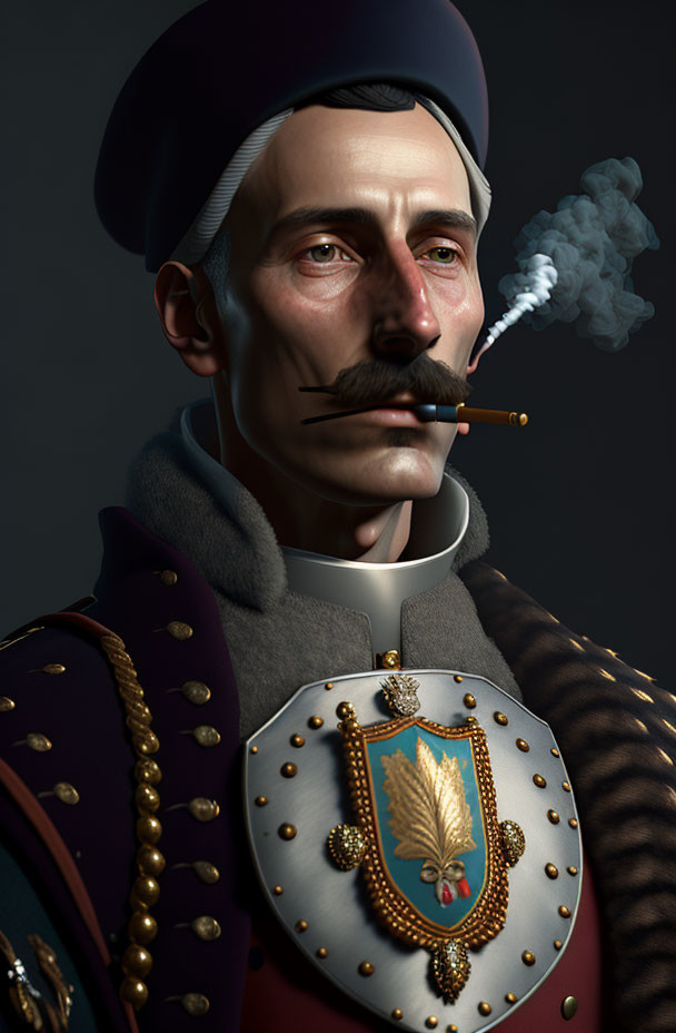 Historical military attire portrait: man with feathered emblem, smoking pipe, mustache.