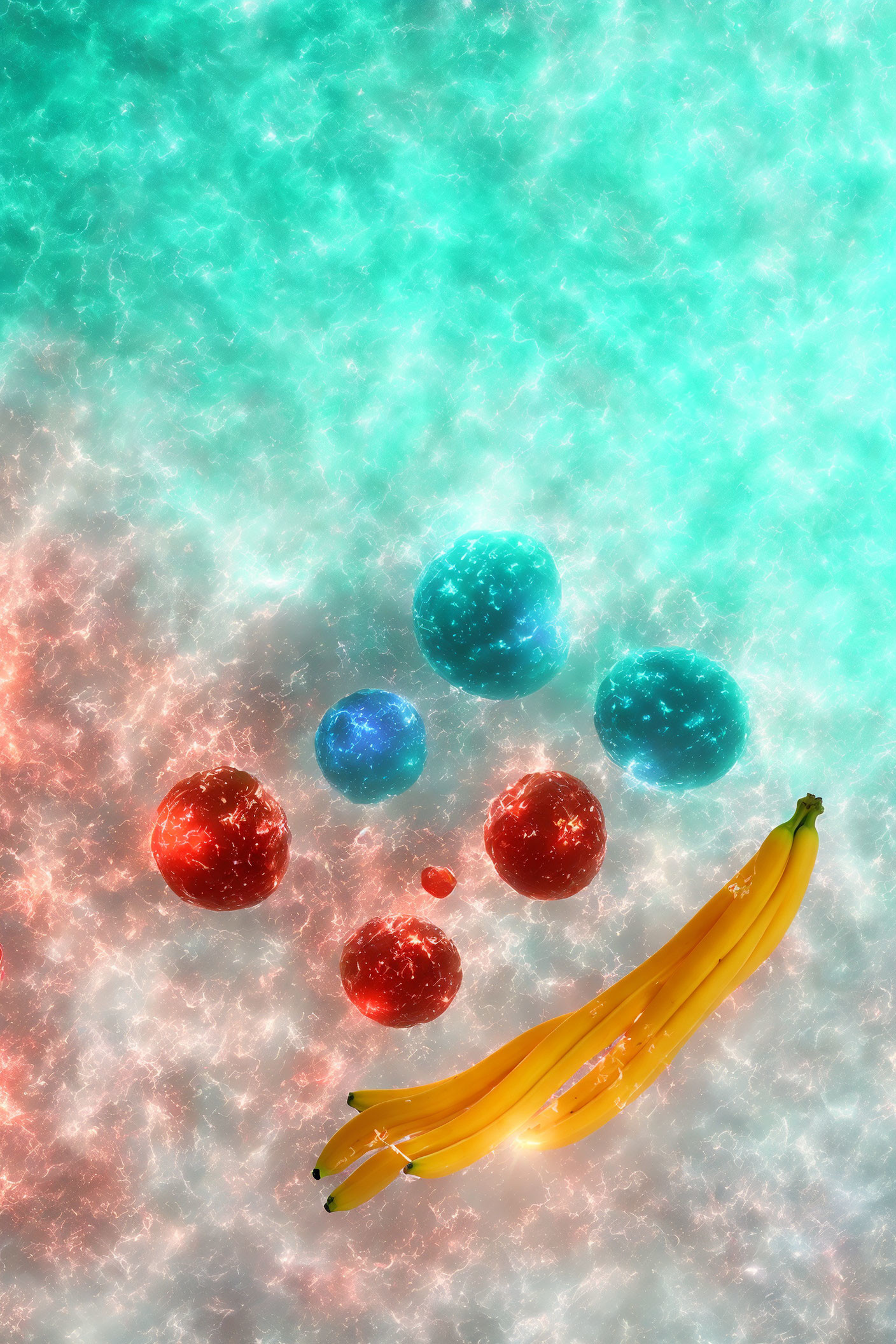 Bananas and Colorful Spheres on Red Turquoise Background