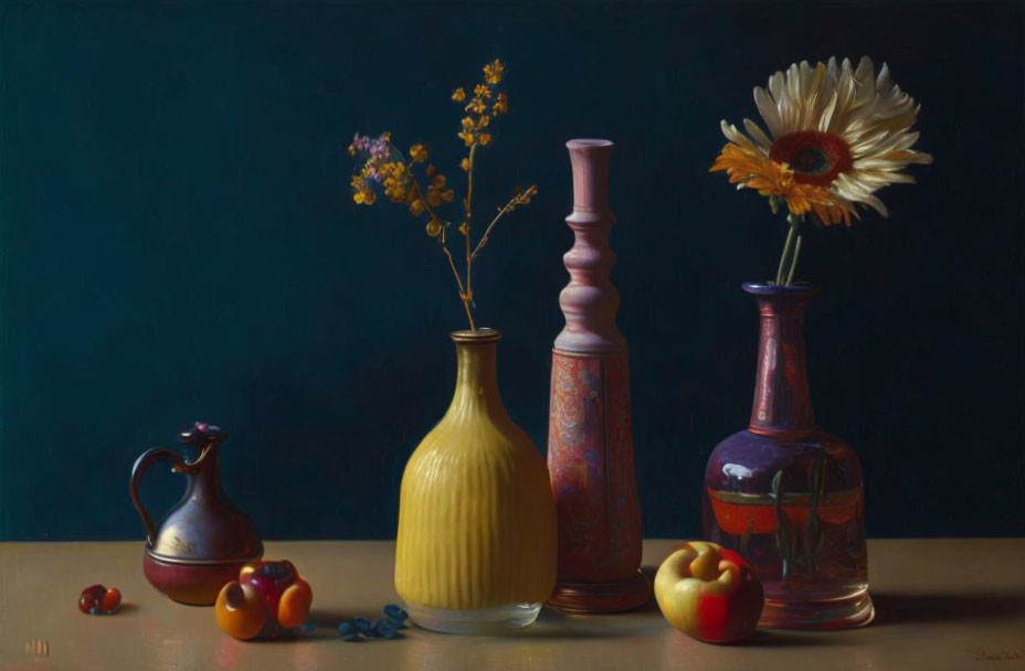 Colorful still life painting with pots, flowers, and fruits on table