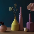 Colorful still life painting with pots, flowers, and fruits on table