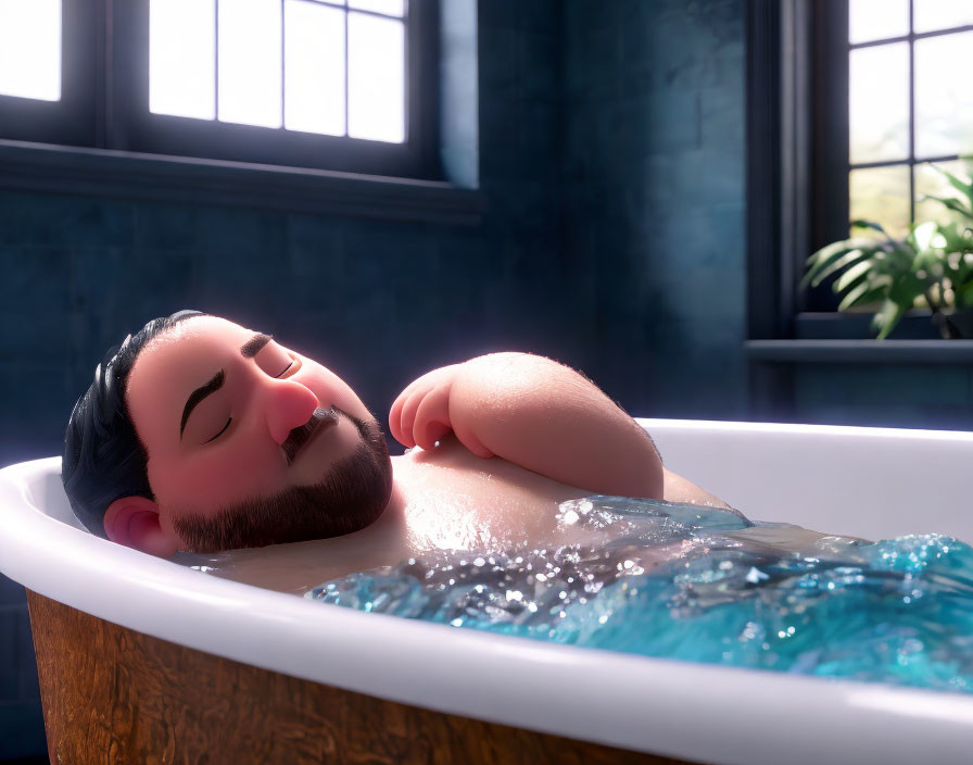 Bearded male character relaxing in bathtub with light from window