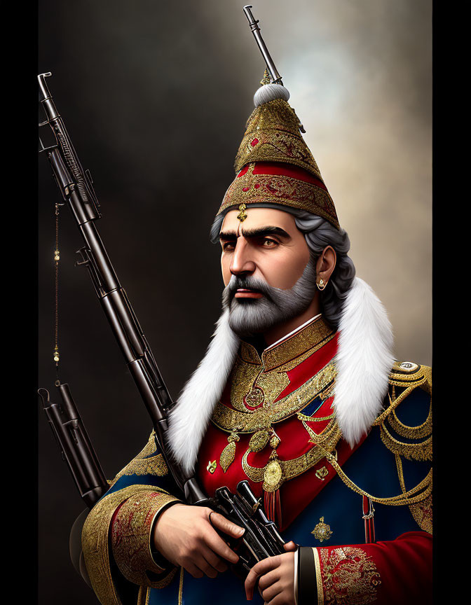 Digital illustration of man in ornate military uniform with rifle against smokey backdrop