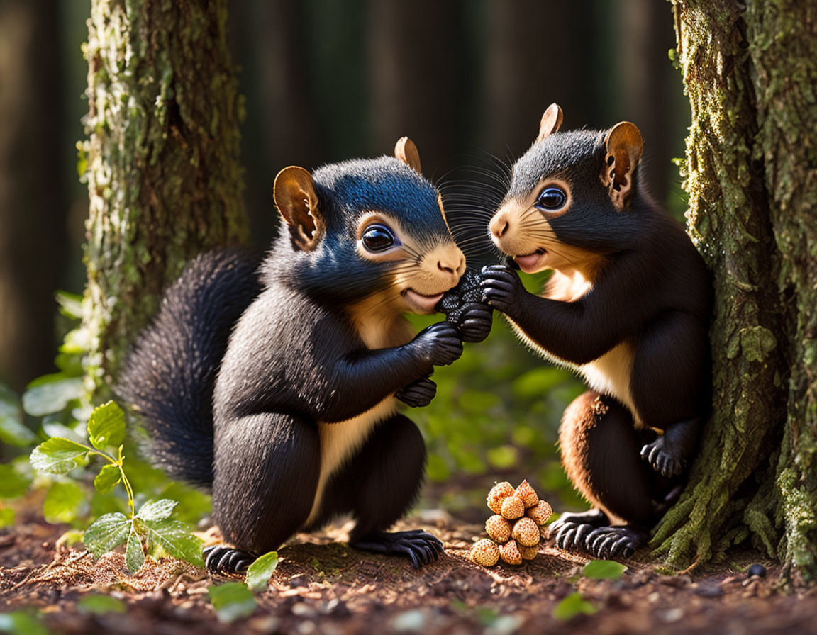 Playful animated squirrels fist bumping in forest scenery