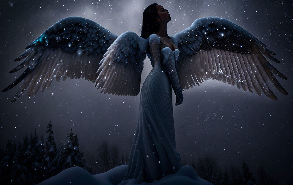 Angel with Large Wings in Snowy Night Landscape