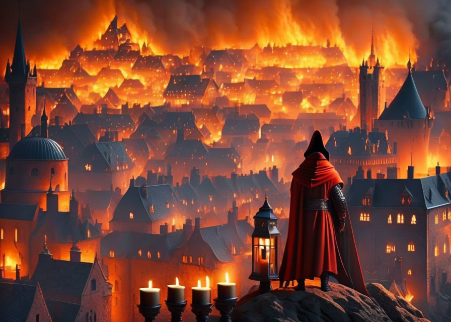 Cloaked Figure Observing Medieval City in Flames at Night