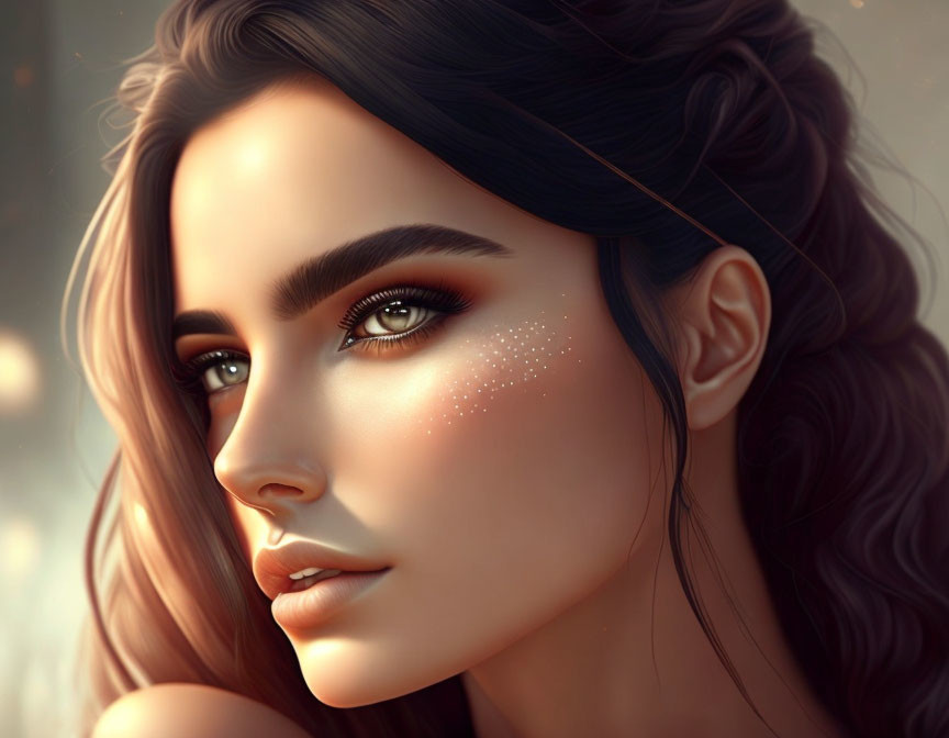 Portrait of woman with brown eyes, glitter makeup, and flowing dark hair on warm background