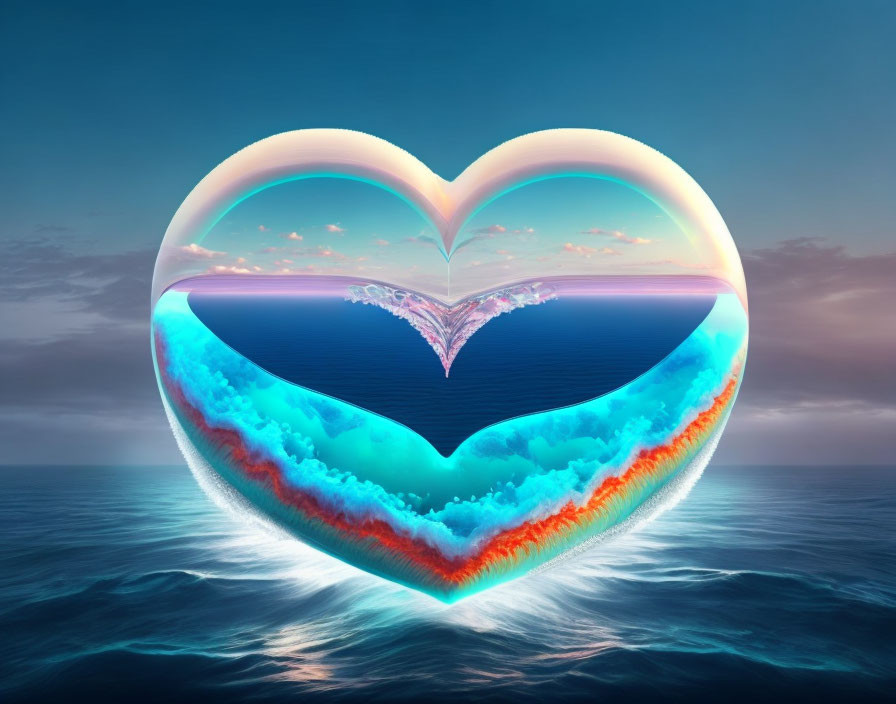 Heart-shaped portal reveals surreal oceanic scene with mirrored skies