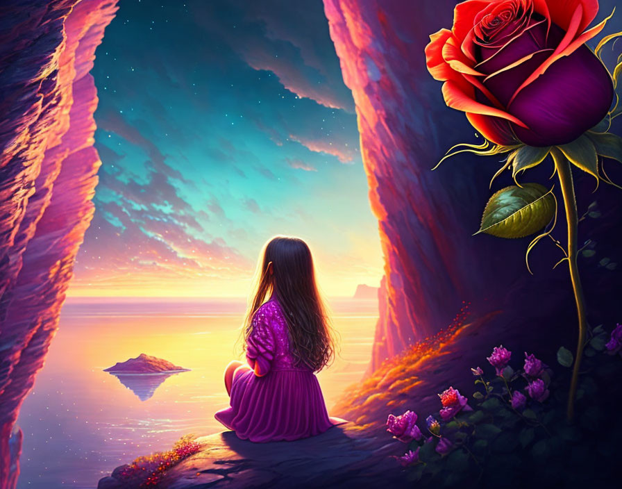 Girl in Pink Dress by Cliff at Sunset with Giant Rose and Stars