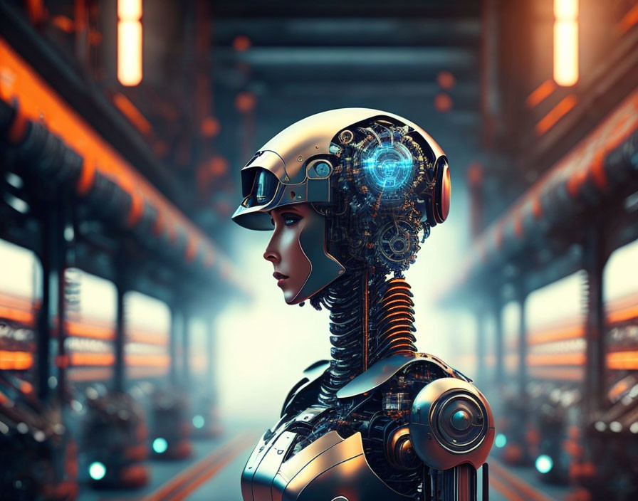 Detailed humanoid robot with mechanical neck and futuristic helmet in industrial setting with blue lights.