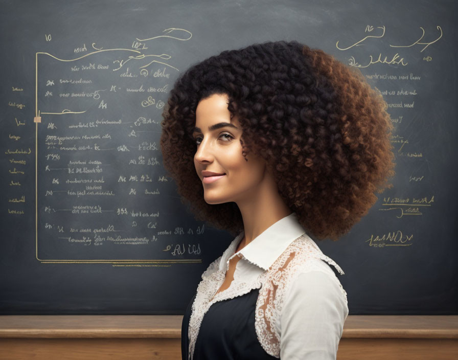 Curly-Haired Woman Smiling by Blackboard with Equations