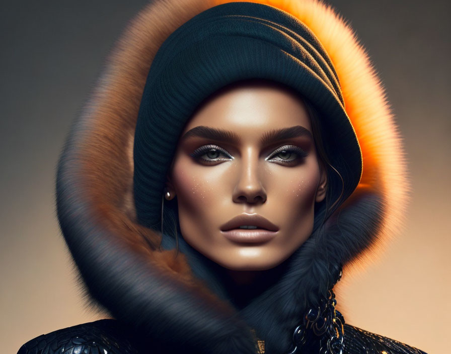 Dramatic makeup and stylish turban on person with glowing skin