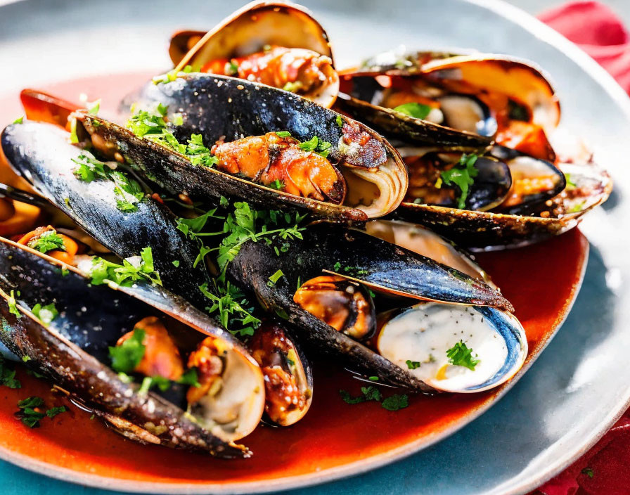 Steamed mussels with parsley on terracotta plate