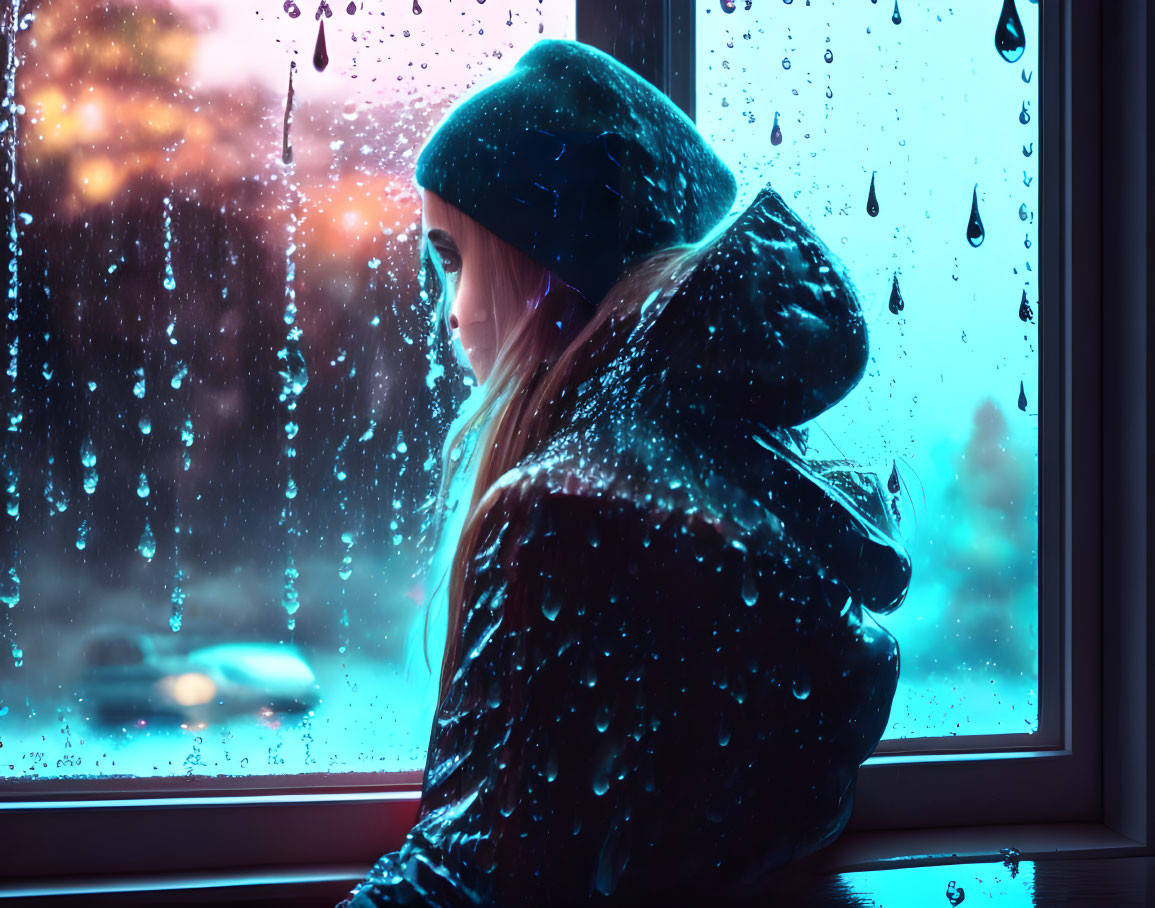 Person looking out rain-spattered window at twilight in hooded coat