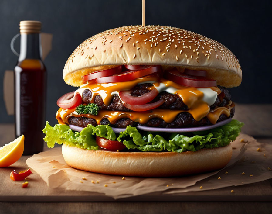 Classic Double Cheeseburger with Lettuce, Tomatoes, Cheese, and Sauces on Sesame