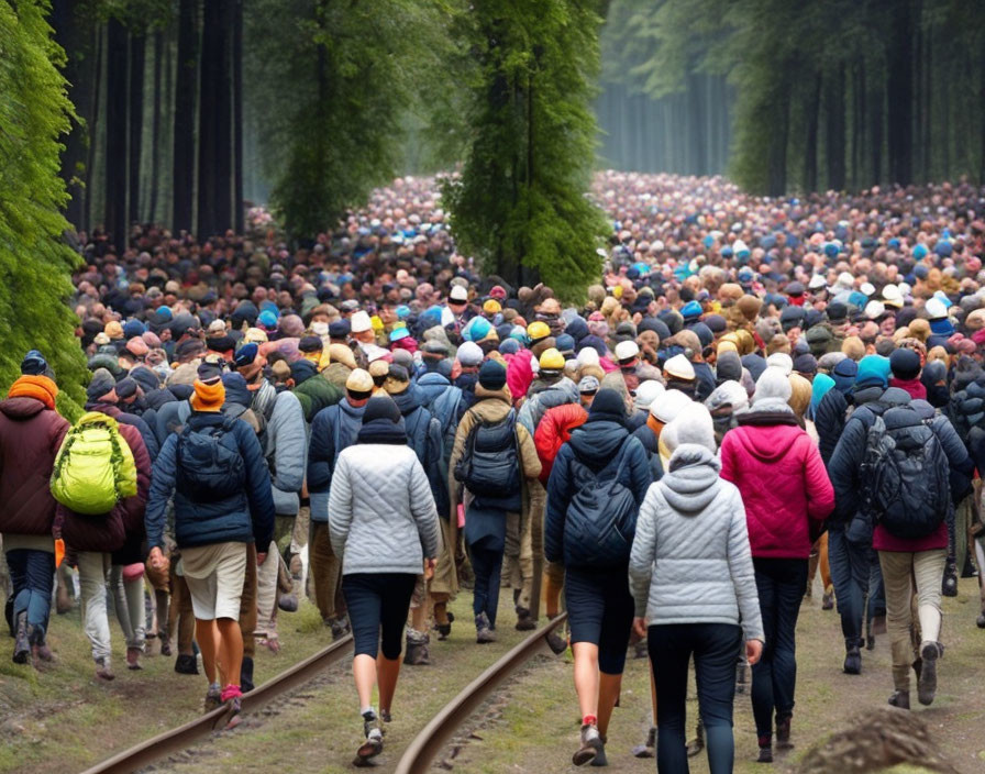 Crowd of People Hiking in Forest with Tall Trees