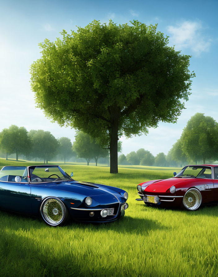 Classic Blue and Red Cars Parked on Grassy Field with Tree and Clear Sky