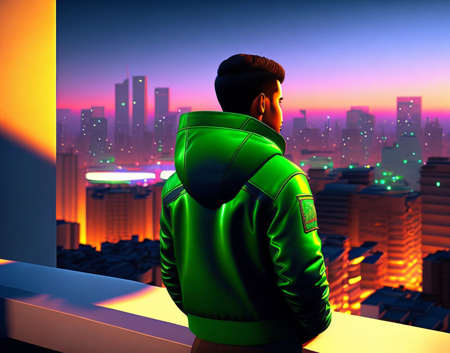 Person in Green Jacket Gazes at Neon-lit Cityscape at Dusk
