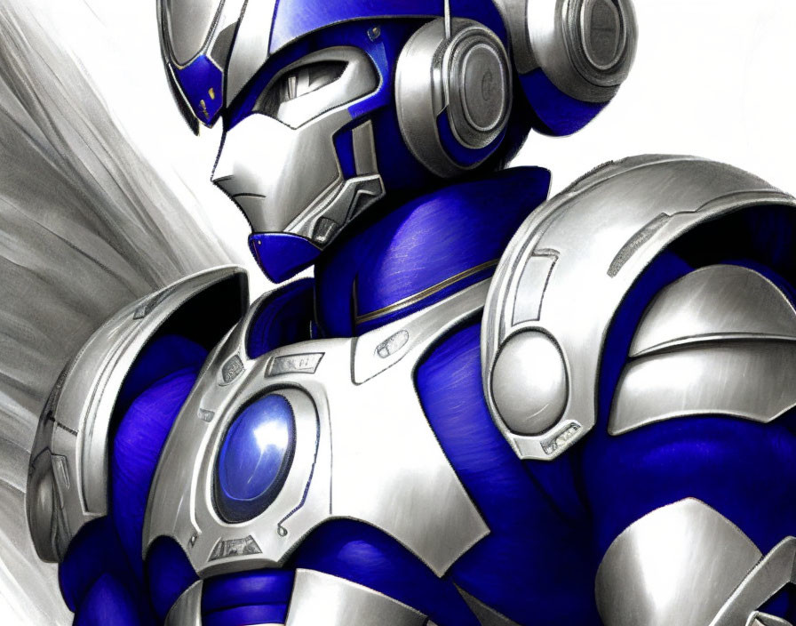 Robotic character in blue and silver armored suit with glowing elements