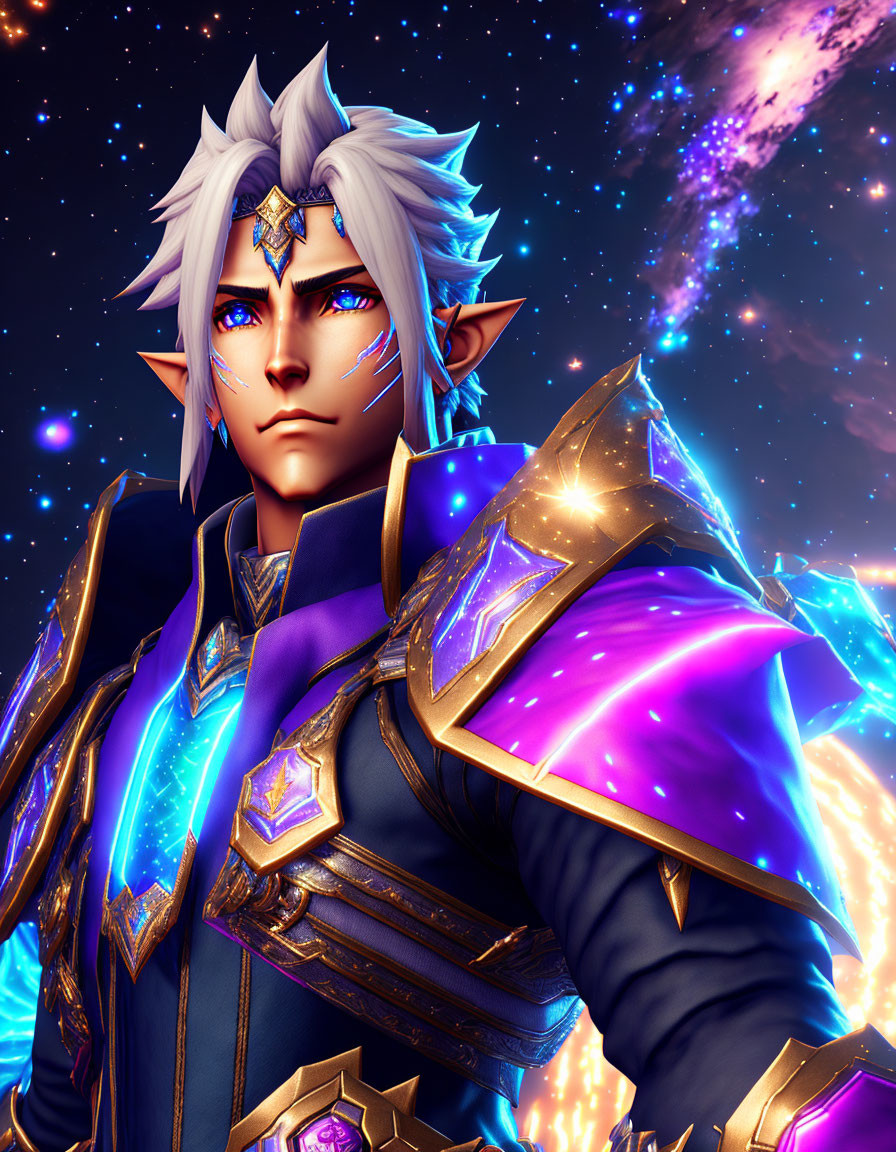 White-haired fantasy character in blue armor under cosmic sky