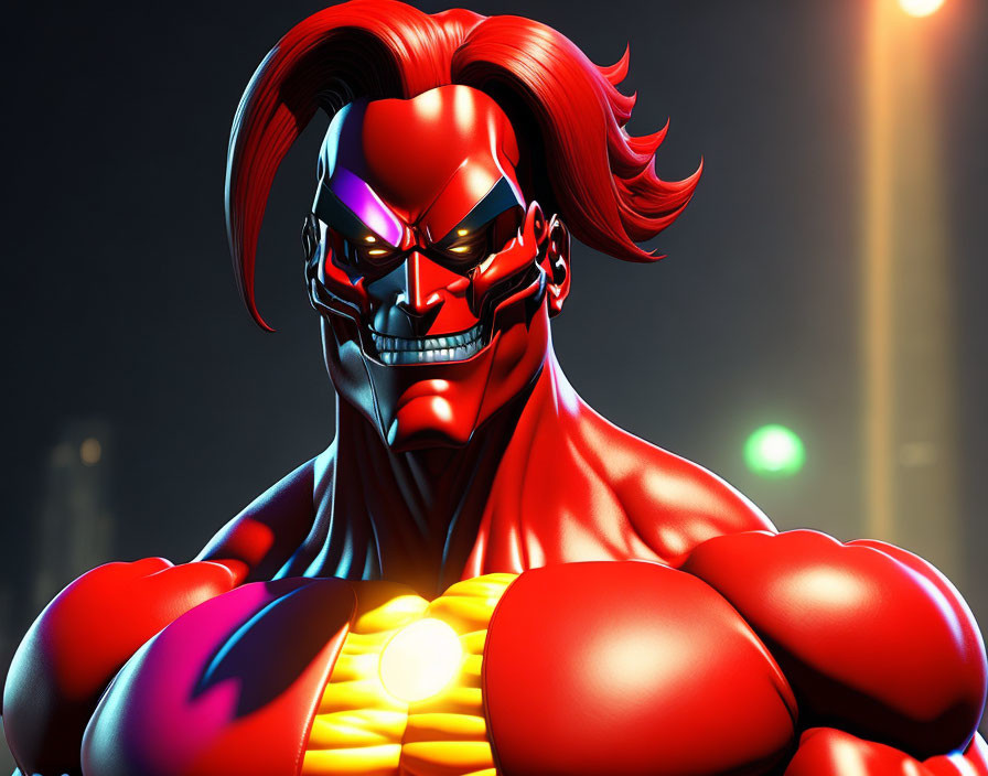 Muscular red-skinned superhero in yellow and blue suit with red visor