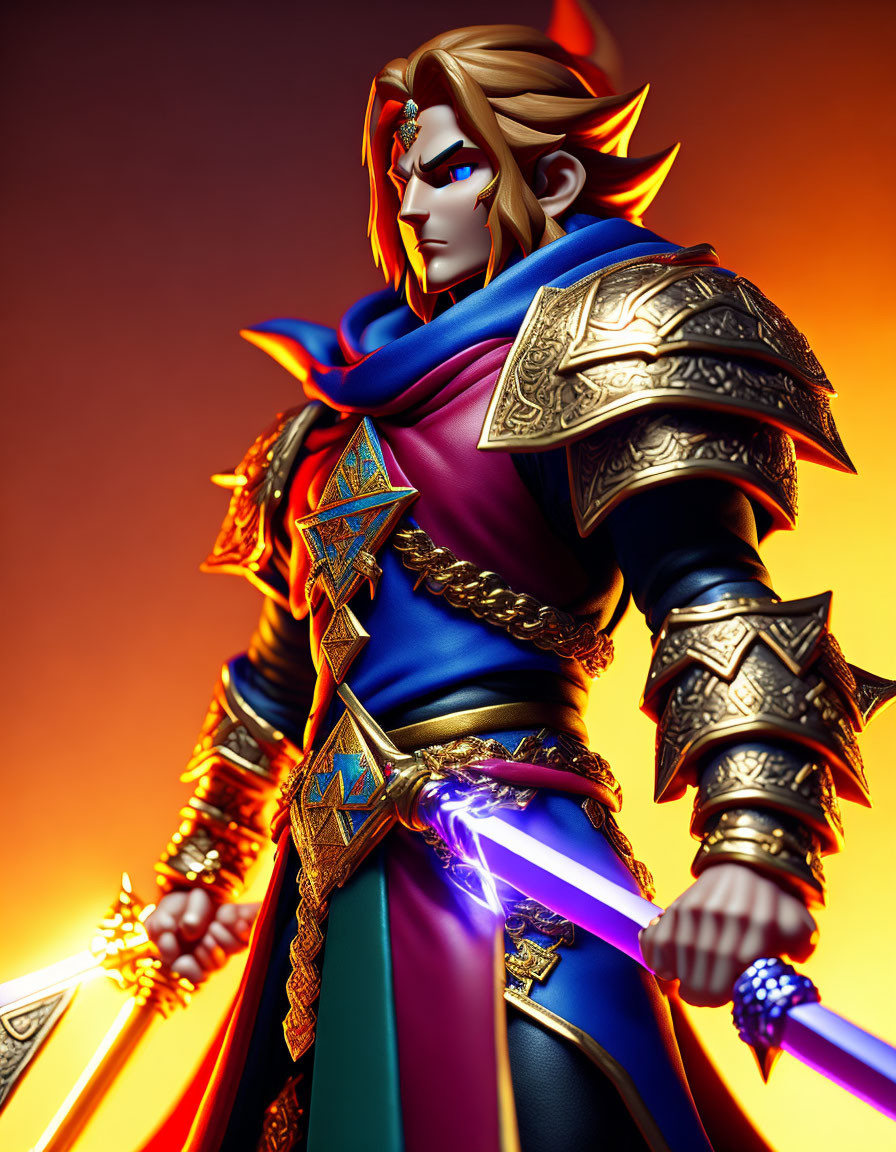 Fantasy warrior in golden armor with glowing blue sword