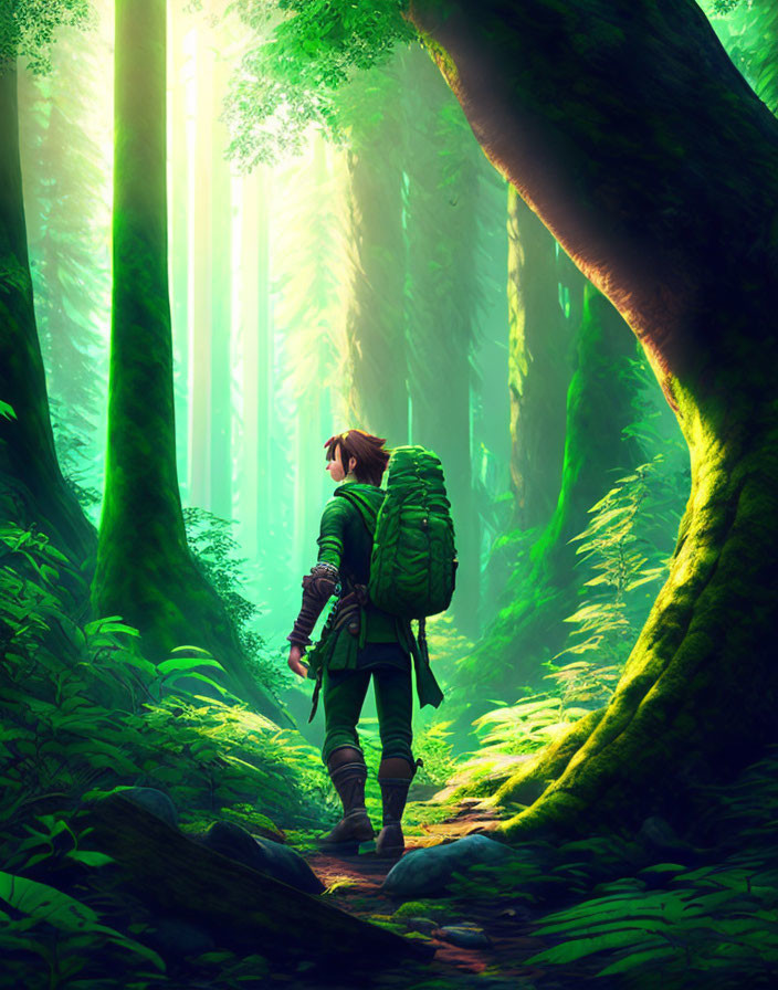 Traveler in lush green forest with backpack and staff