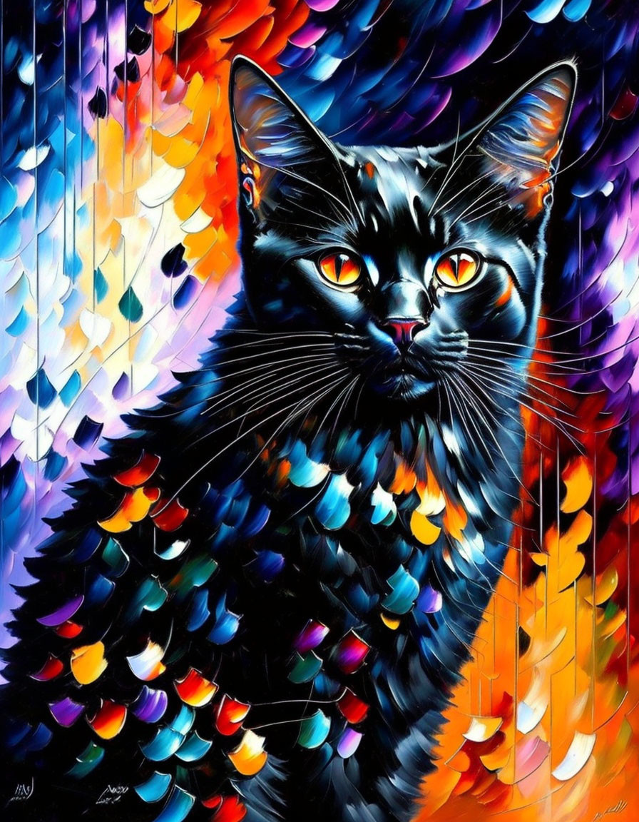 Colorful Abstract Painting of Black Cat with Orange Eyes