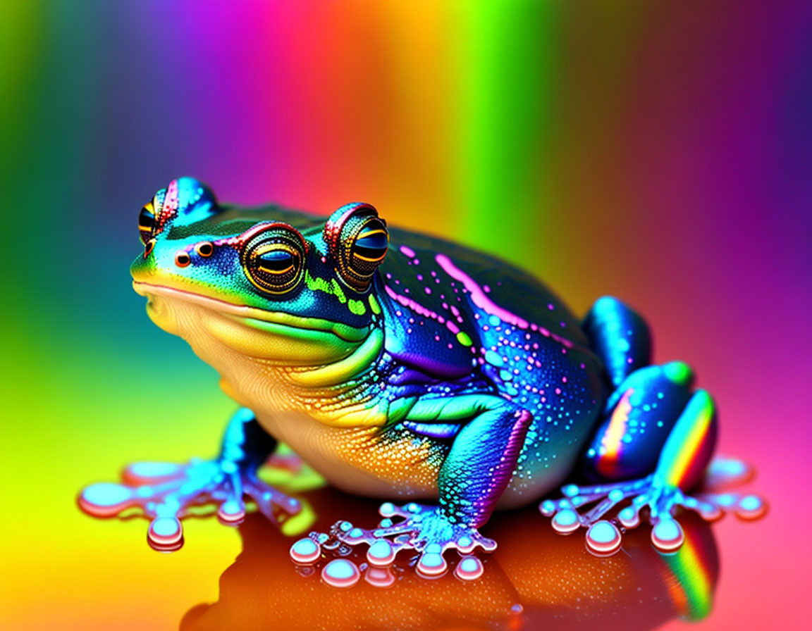 Colorful Frog Against Rainbow Background: Surreal Iridescent Beauty