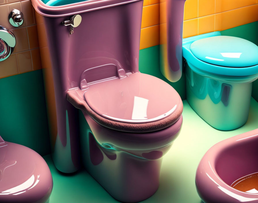 Vibrant retro bathroom with purple toilet and teal fixtures