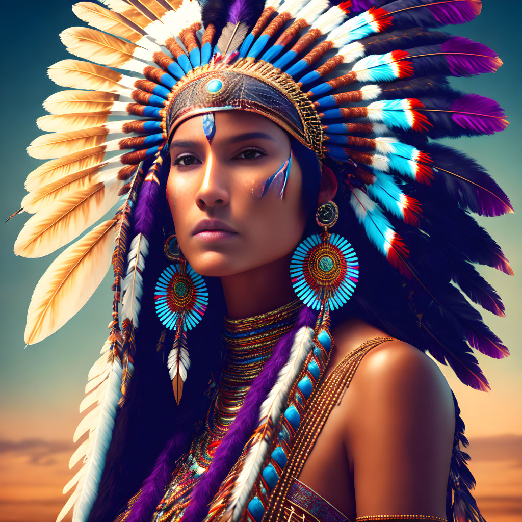 Colorful Native American headdress on woman at sunset