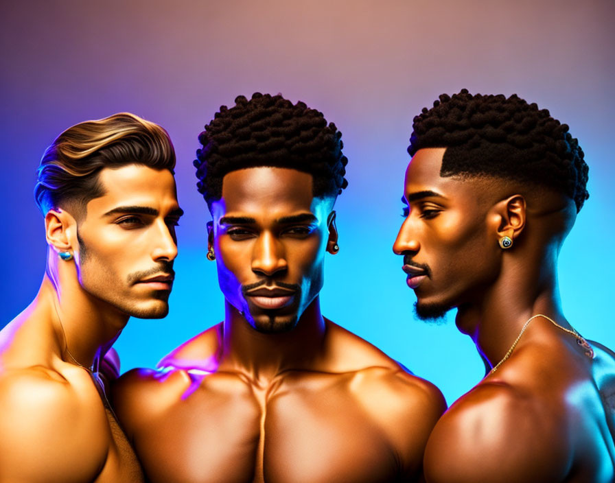 Stylized men with prominent features in warm-hued lighting