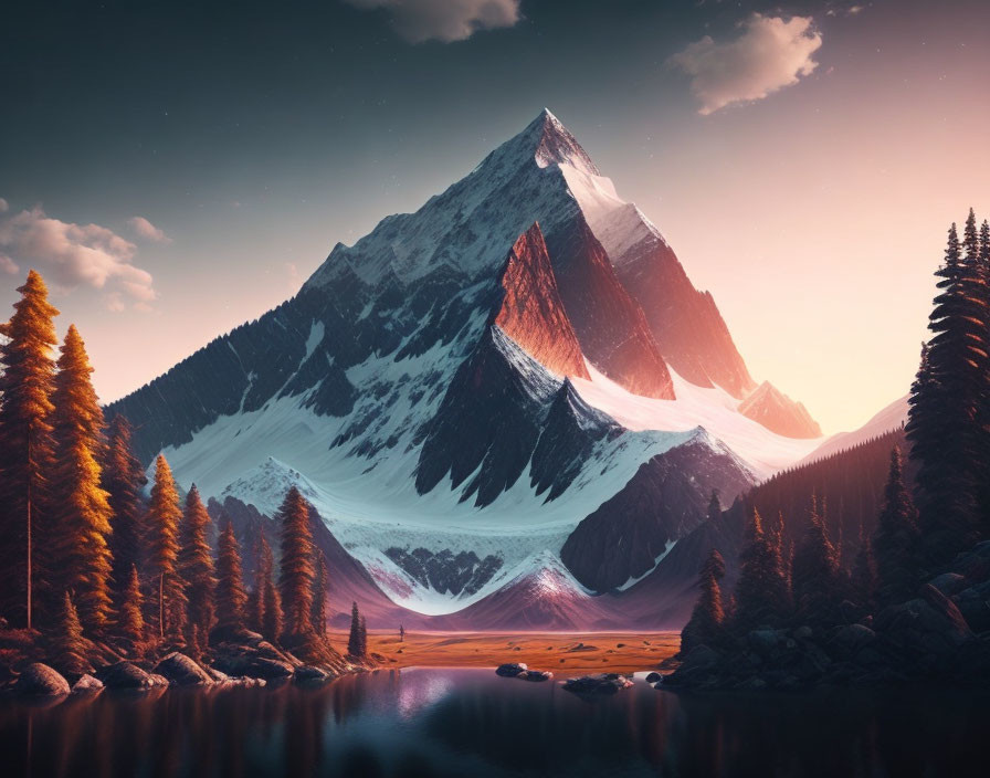 Snow-capped mountain in twilight forest scene