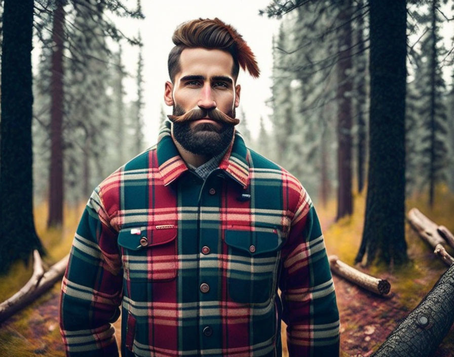 Man with Groomed Beard in Plaid Shirt in Pine Forest