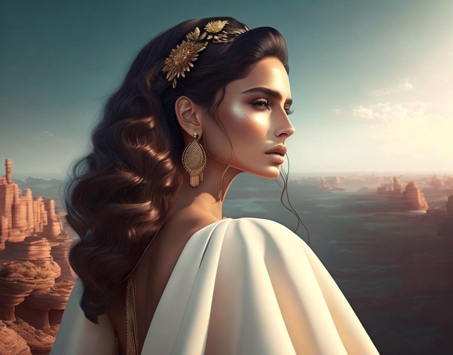 Digital artwork featuring woman with flowing hair, golden accessories, white dress, desert canyon backdrop.
