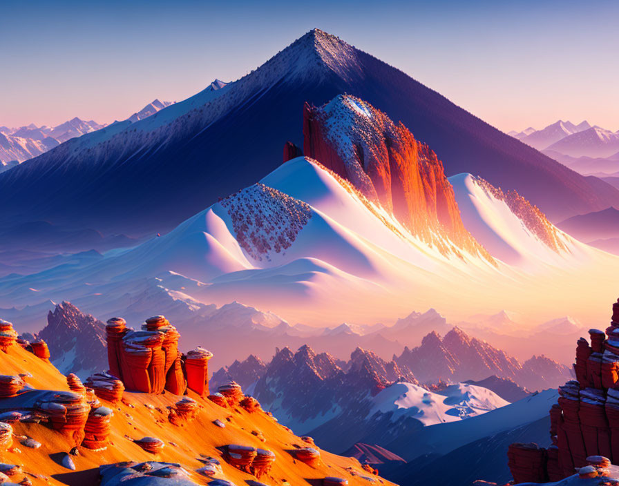 Snow-capped mountains and orange rock formations in vibrant landscape