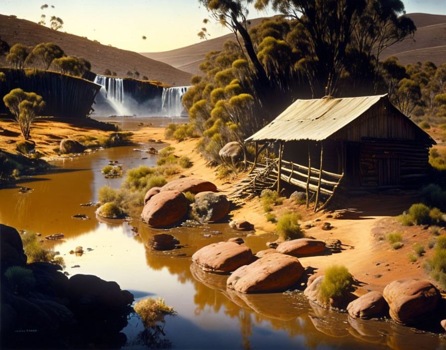 Rustic wooden cabin by serene water with waterfall, red rocks, green vegetation, clear blue sky
