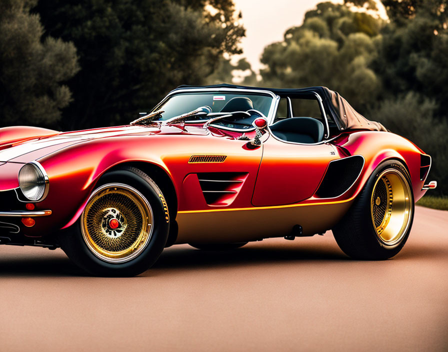 Red Sports Car with Black Stripes and Yellow Rims Parked at Sunset