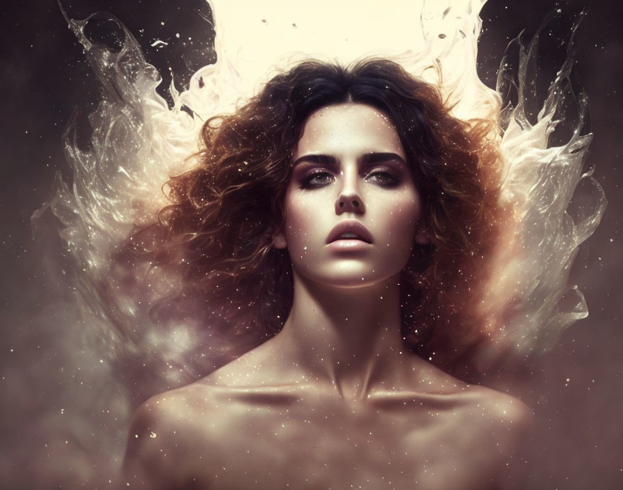 Intense gaze woman with voluminous hair in surreal liquid splashes.