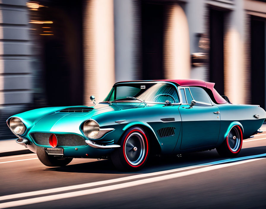 Vintage turquoise car with red accents speeding in city street with motion blur.