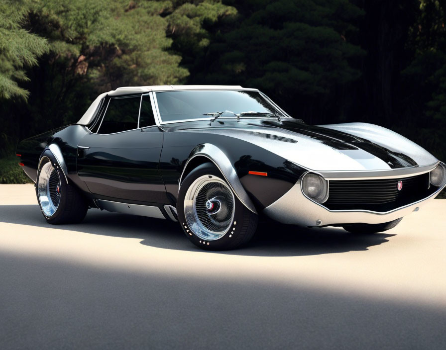 Black Sports Car with Chrome Details and White-Striped Tires on Road Amid Trees