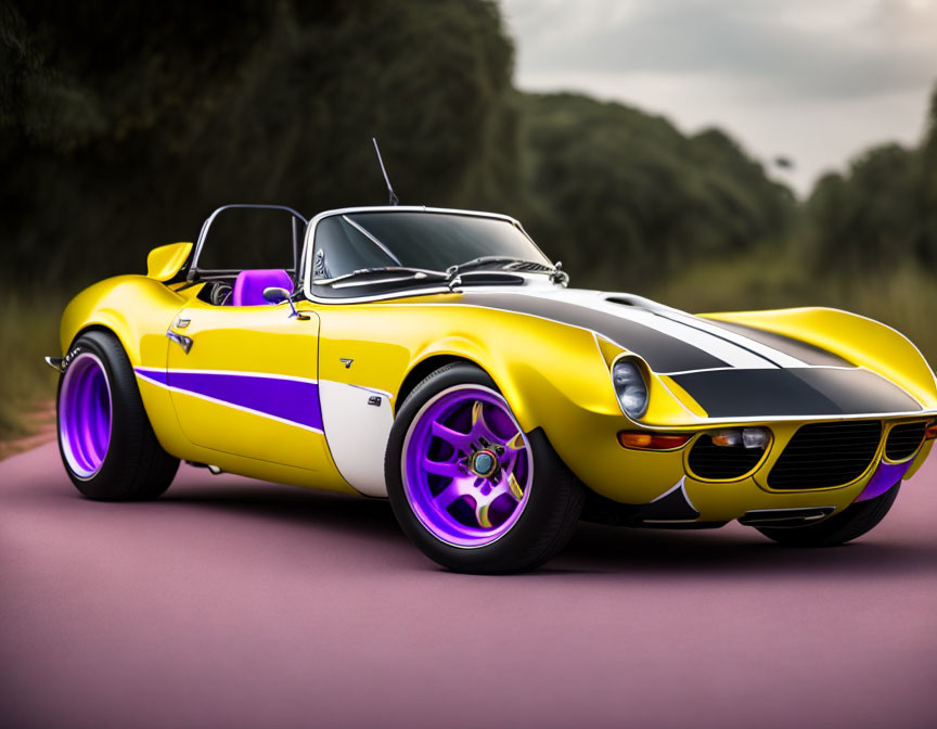 Yellow Classic Sports Car with Purple Wheels and Racing Stripes