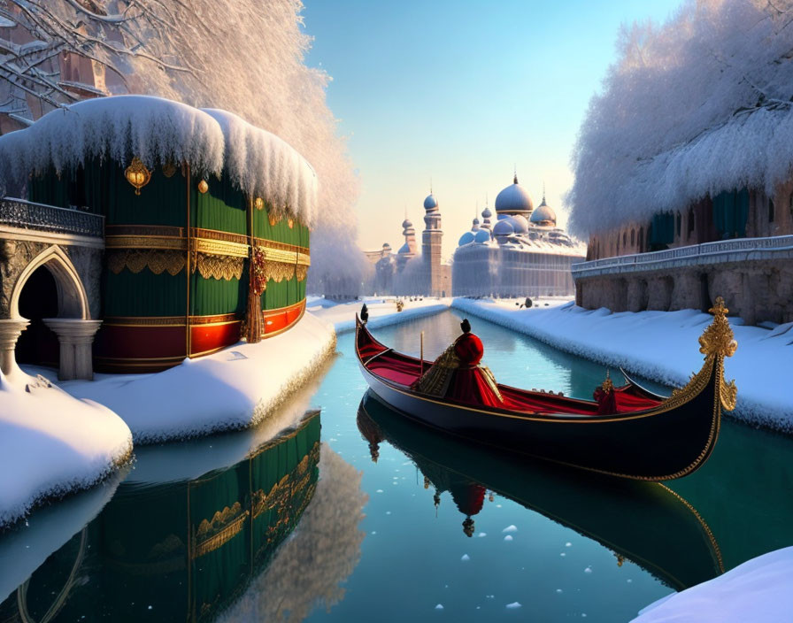 Snow-lined canal with gondola and ornate buildings under blue sky